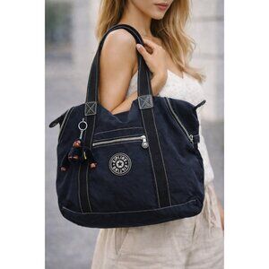 Kipling Black Nylon Large Tote Bag Monkey Keychain Zip Pockets Travel Gym